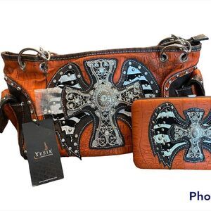 NWT Leather Burnt Orange Cross/Wing Concealed Handgun Purse/Wallet Set B…